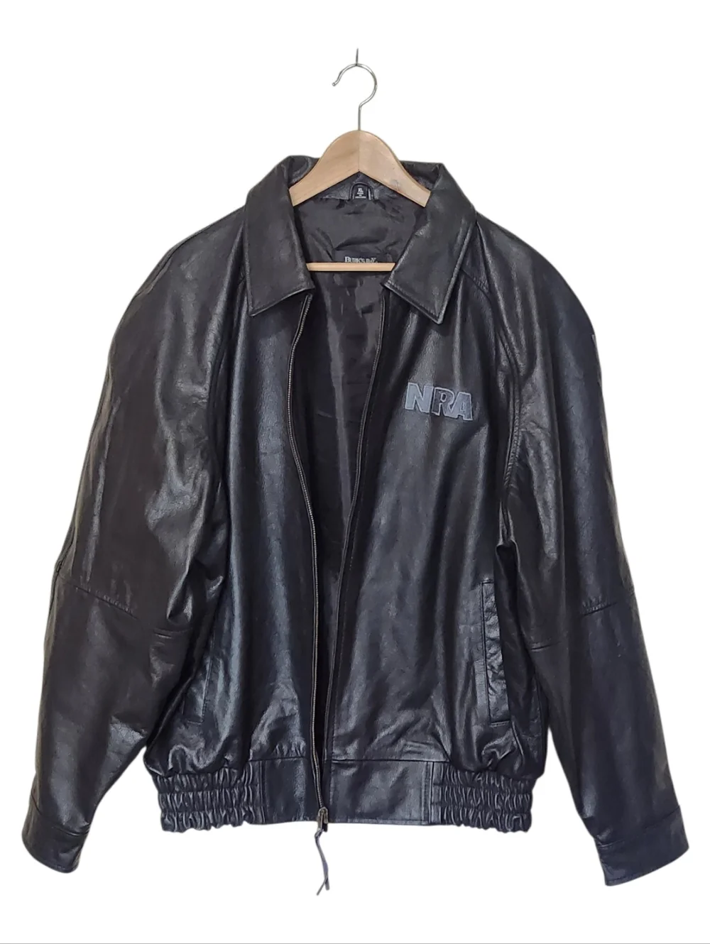 NRA Black Leather Burks Bay Bomber Jacket Size XL